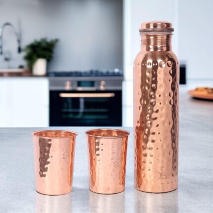 Pure Copper Water Bottle with 2 Copper Glasses Set